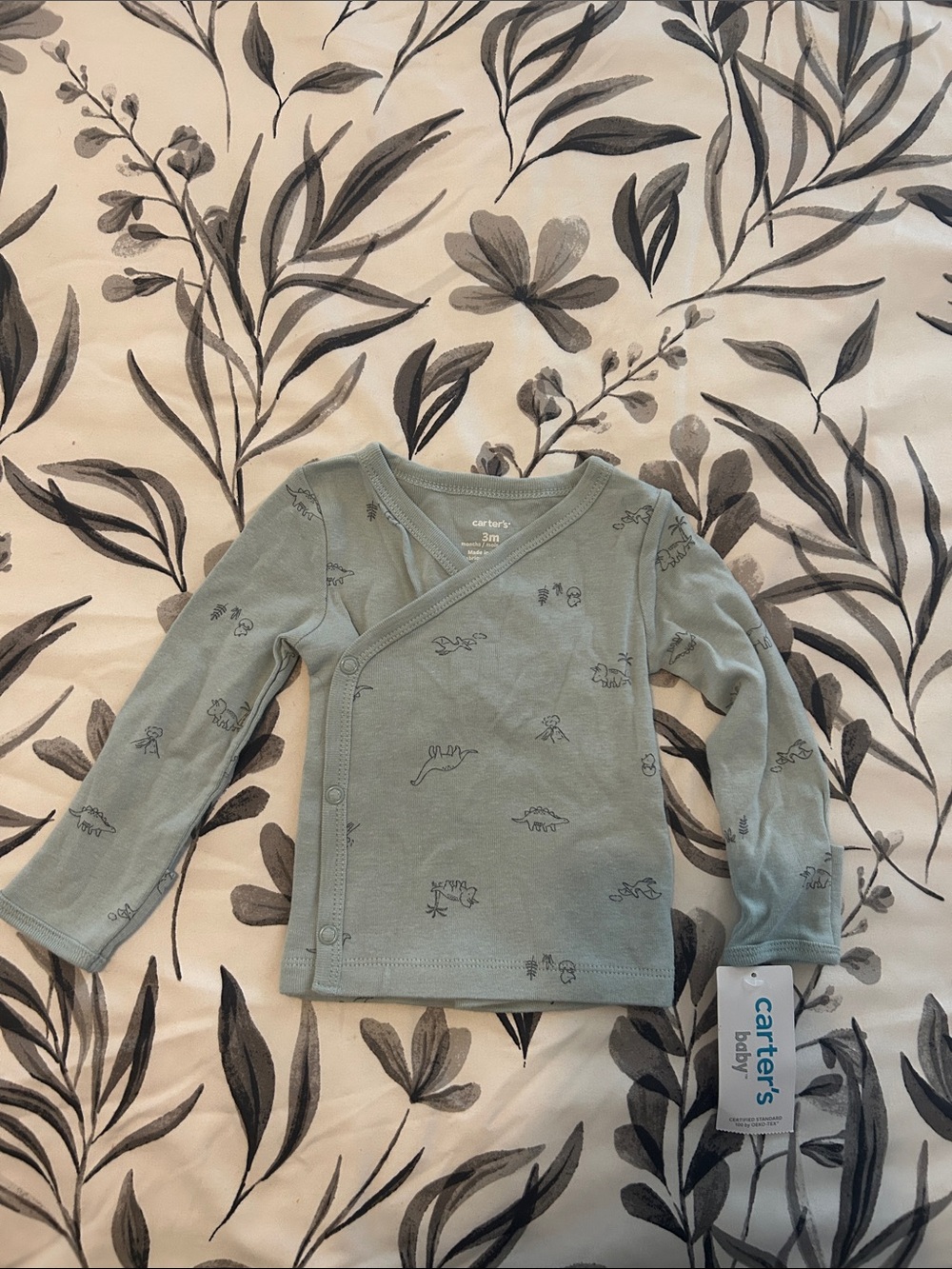 Carter's Sage Green Long-Sleeve Wrap Top with Dino Sketches